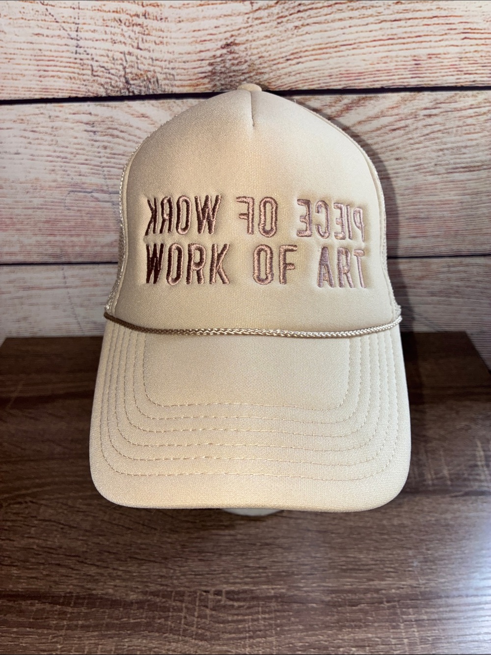 EUC Trucker Hat "Piece of work, Work of Art" Embroidered - Beige Otto